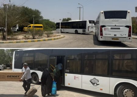 انتقال مسافران قطارهای متوقف شده در راه آهن فین، با بهره گیری از ناوگان اتوبوسرانی بندرعباس